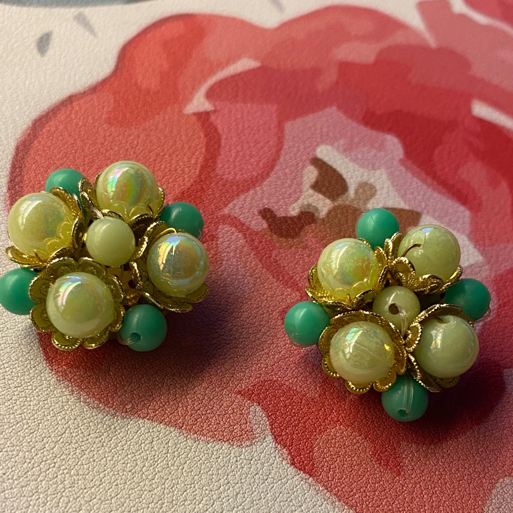 Vintage Western Germany Gold And Green Cluster Earrings